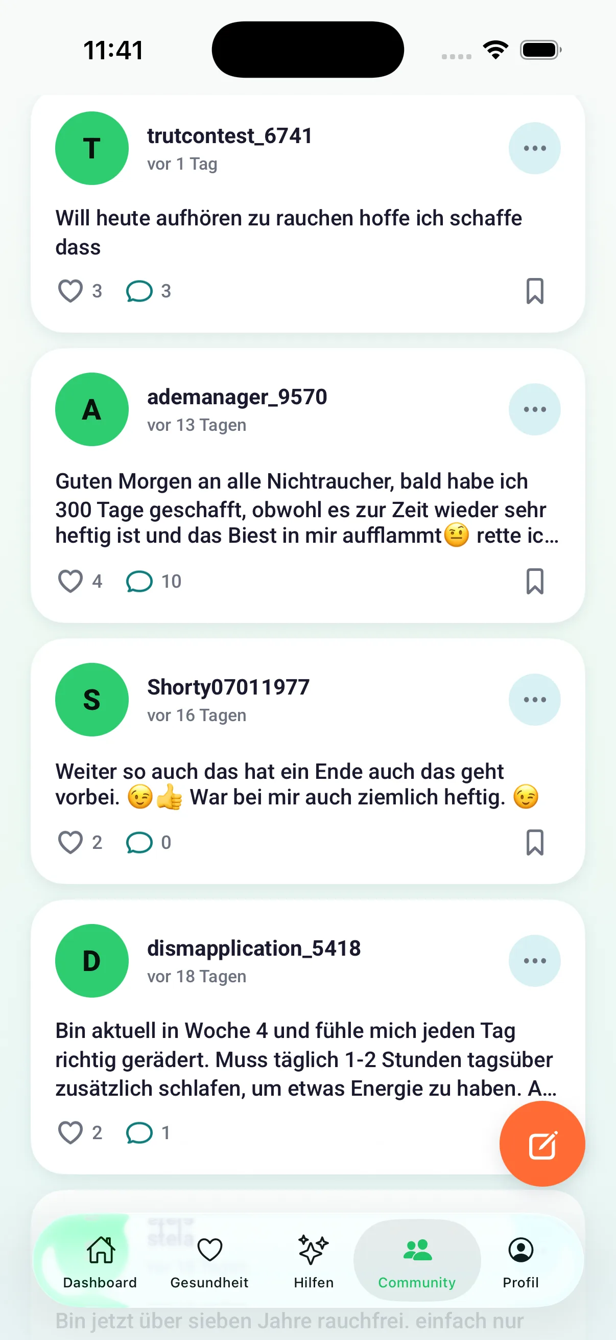 Community-Feed mit Beiträgen, Antworten und Freunden.