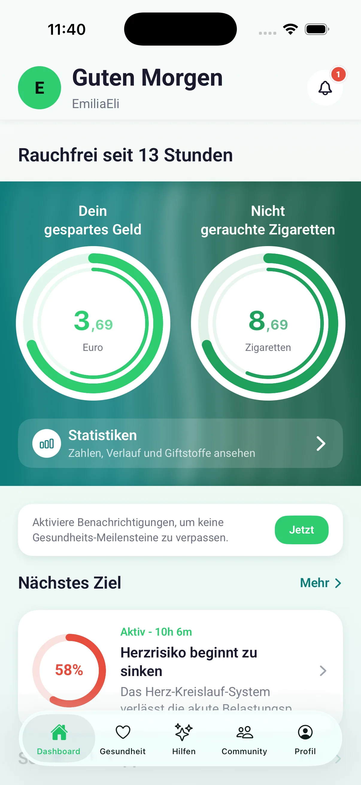 Nichtraucher Pro: Dashboard mit Zählern für gespartes Geld und nicht gerauchte Zigaretten