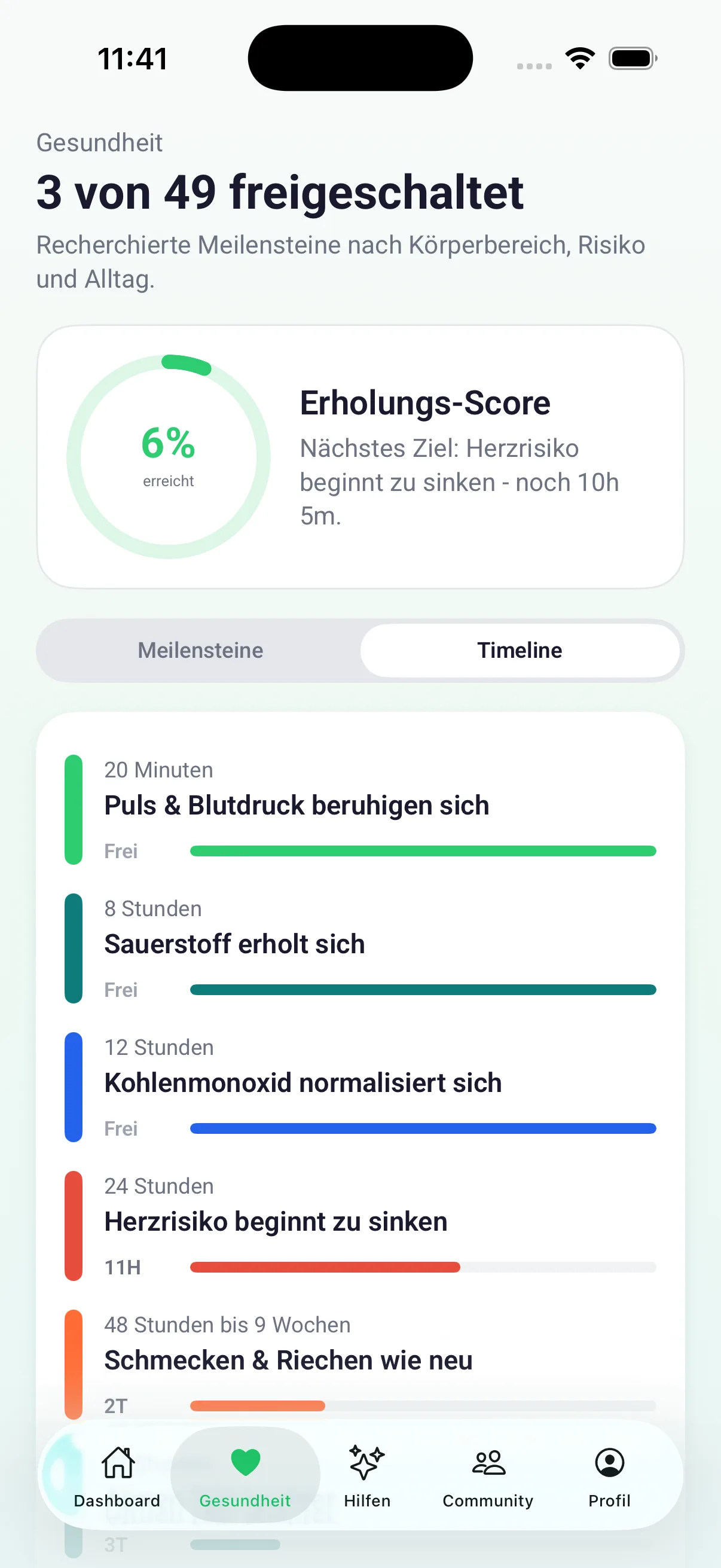 Nichtraucher Pro: Timeline der Gesundheits-Meilensteine mit Erholungs-Score